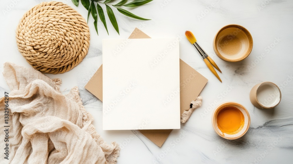 Blank card mockup with paint, fabric, and natural elements on marble. Blank card mockup with paint, fabric, and natural elements on marble.