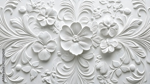 Intricate White Floral Relief Sculpture, Intricate white floral relief sculpture on a flat surface