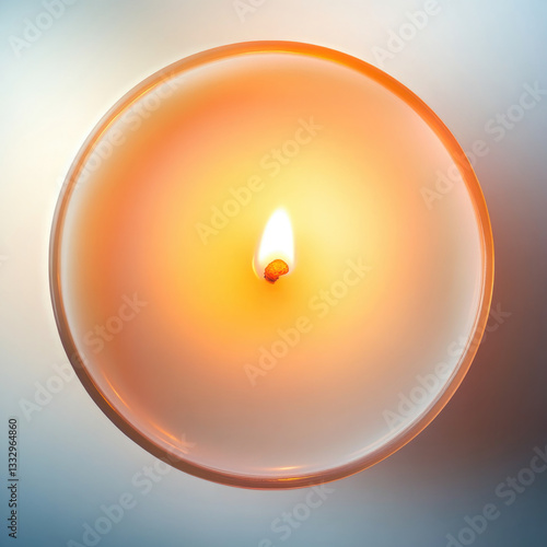 Overhead view of a lit scented candle emitting a warm glow