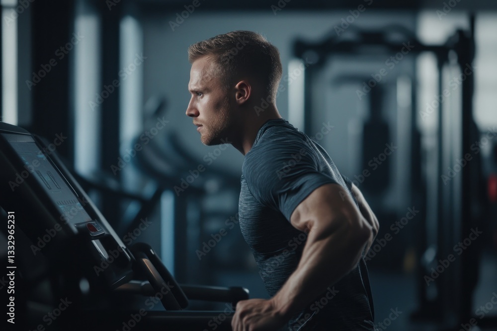 Focused individual engaged in cardio workout on treadmill fitness center atmosphere health an Focused individual engaged in cardio workout on treadmill fitness center atmosphere health an
