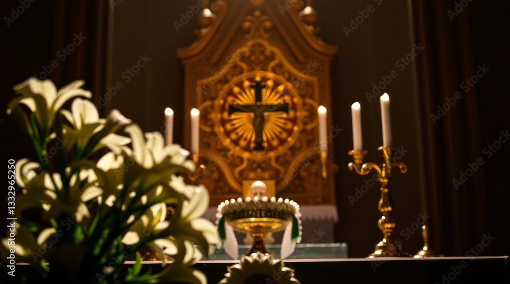 Fototapeta premium Serene Church Altar with Lilies and Candles