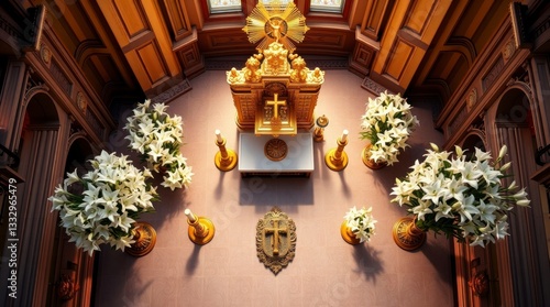 Golden Altar with White Lilies in Church Sanctuary