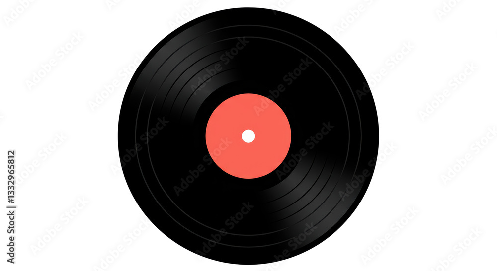 Fototapeta premium Isolated Black Vinyl Record with Red Label: Signifying Music, Entertainment, and DJ Culture with Retro Style