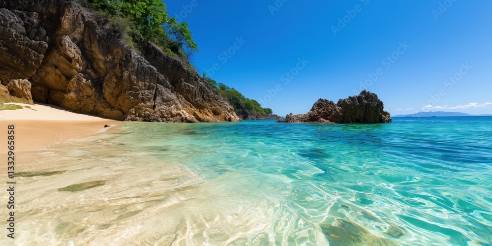 Obraz premium A breathtaking beach scene with crystal-clear water and towering rocks, inviting tranquility and reflection in a picturesque natural setting.