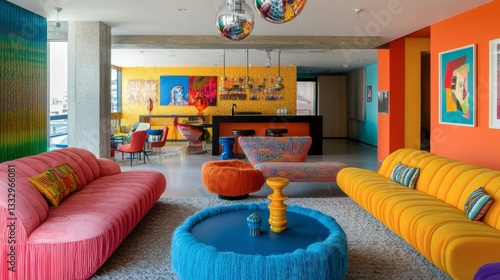 A trendy apartment with vibrant pops of color, unique decor pieces, and funky lighting
