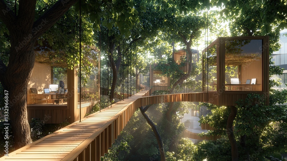 Obraz premium A tree canopy-inspired workspace with wooden bridges running between glass-enclosed work pods suspended in mid-air