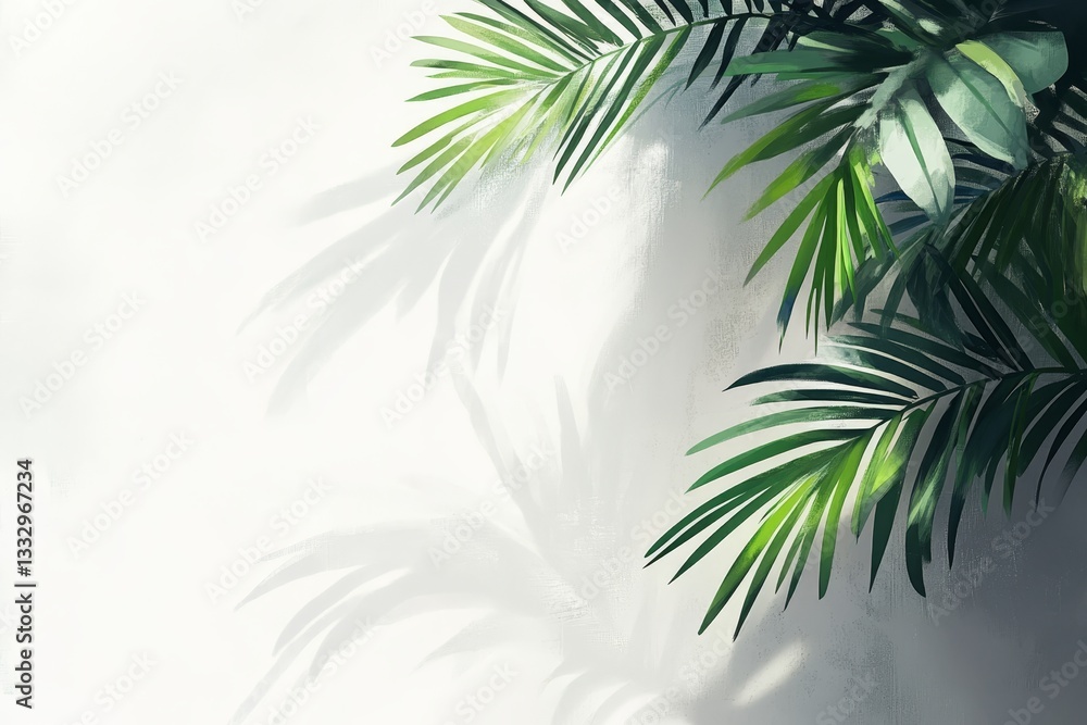 Tropical palm leaves and greenery create a vibrant contrast against a white wall in a creatively minimalized layout with a toned image filter Tropical palm leaves and greenery create a vibrant contrast against a white wall in a creatively minimalized layout with a toned image filter