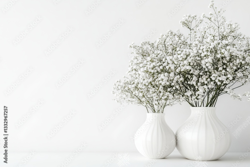 Fototapeta premium A soft white gypsophila arrangement in a vase on a white wall, creating an elegant floral home decor