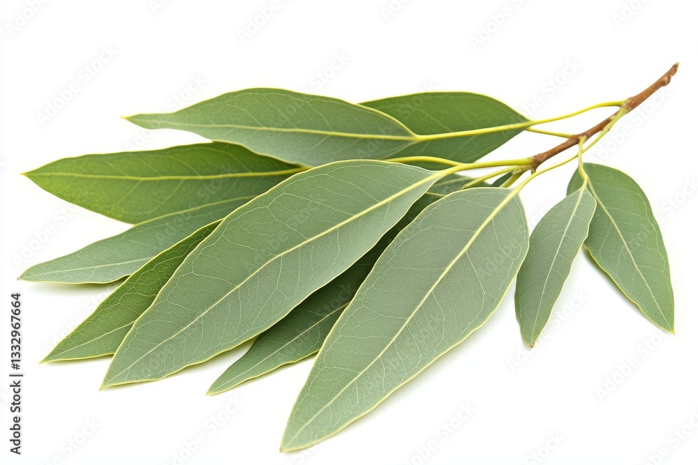 Obraz premium Isolated green eucalyptus leaves on a white backdrop. Flat lay, top view