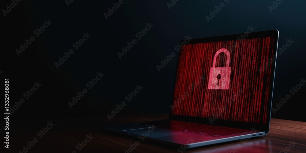 A laptop screen showing a digital lock icon amidst a background of binary code, representing cybersecurity challenges and the importance of protecting digital information in the modern era.