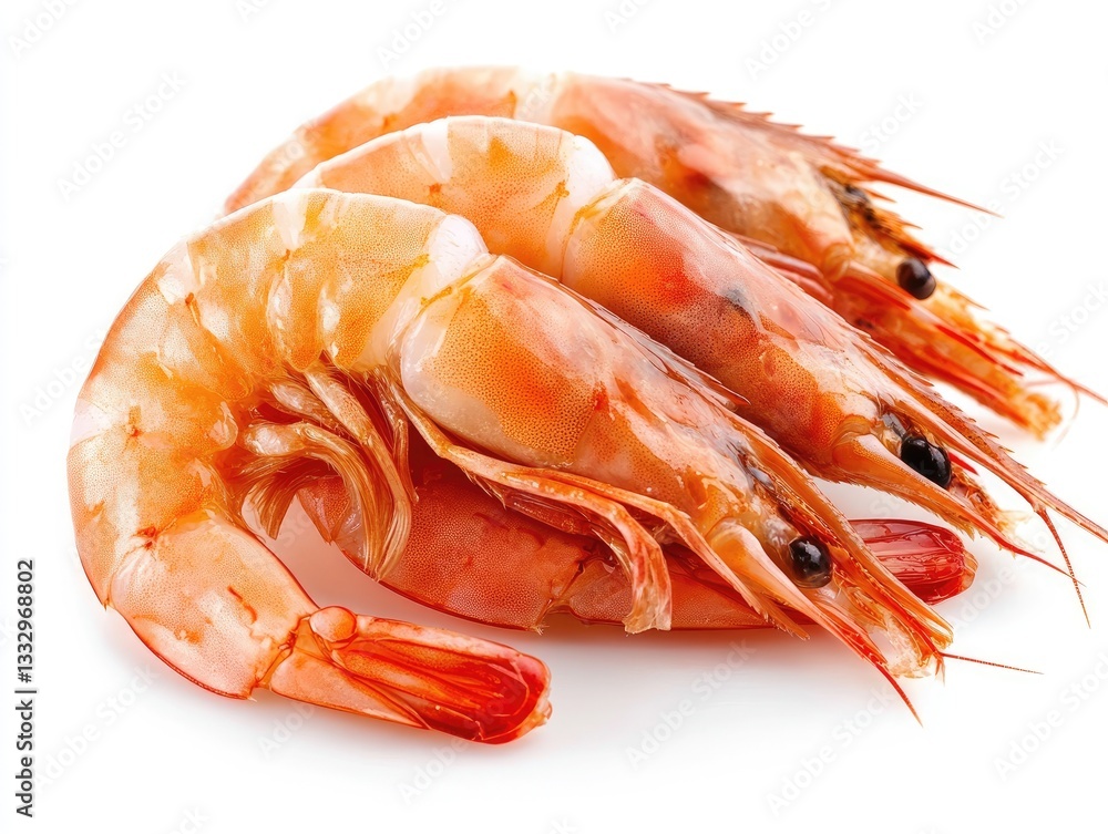 Fresh shrimp, close-up, white background, food product display Fresh shrimp, close-up, white background, food product display