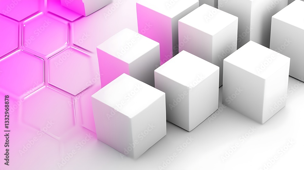 Abstract white cubes and pink hexagons on a reflective surface Abstract white cubes and pink hexagons on a reflective surface