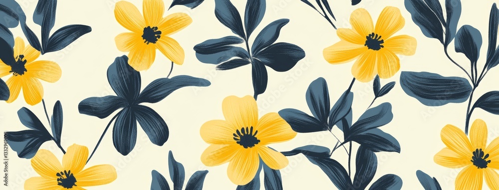 Obraz premium Contemporary abstract posters adorned with floral patterns, placed on minimalist backgrounds, offer a stylish and trendy wall decoration option in blue and yellow