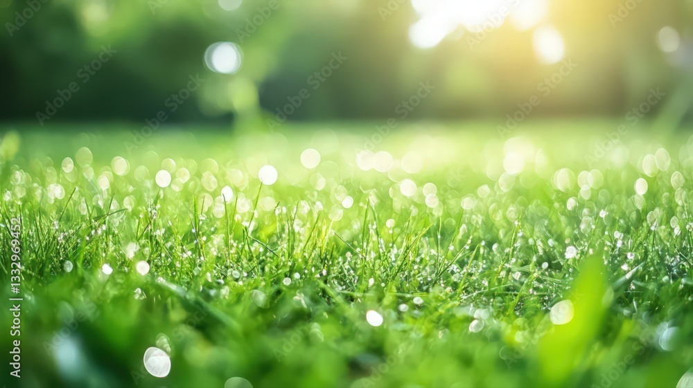 Naklejka premium Lush Green Grass with Morning Dew and Sunlight