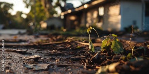 Wallpaper Mural A ground-level shot of small green plants pushing through dirt and debris, symbolizing nature's resilience in an urban setting where neglect is evident. Torontodigital.ca