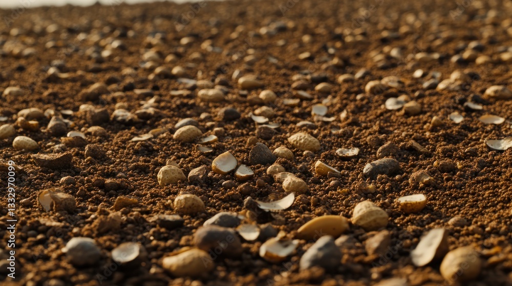Obraz premium Scattered nutshells on brown soil after harvest.