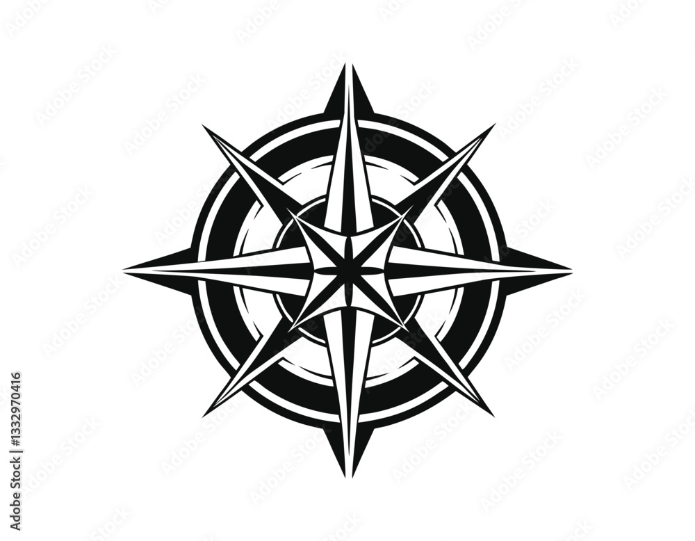 detailed black and white compass illustration with sharp points, perfect for navigation-themed designs, nautical projects, and classic map decorations. detailed black and white compass illustration with sharp points, perfect for navigation-themed designs, nautical projects, and classic map decorations.