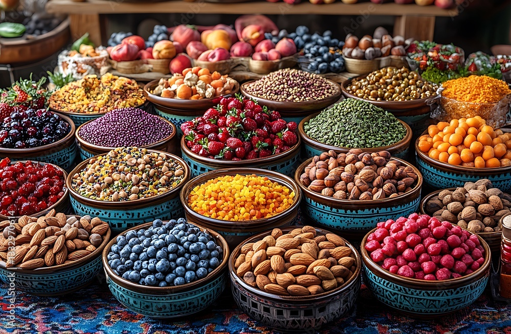 Fototapeta premium Vibrant Market Display with Colorful Fruits, Nuts, and Spices in an Inviting Arrangement