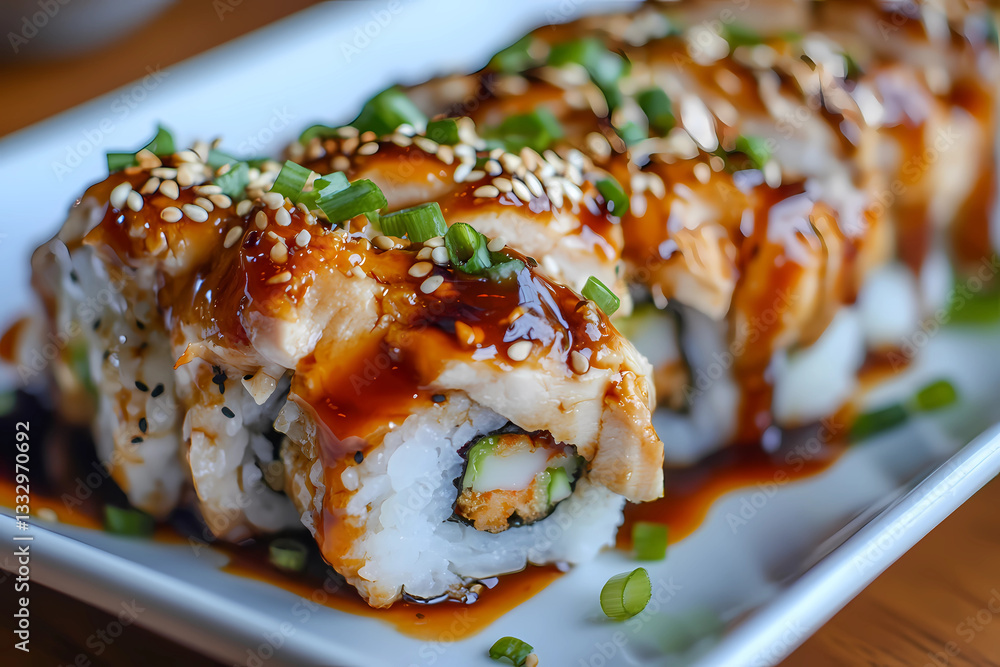 Exquisite Fusion Halal Sushi Roll Brimming with Flavorful Grilled Chicken, Creating a Vibrant Culinary Masterpiece Exquisite Fusion Halal Sushi Roll Brimming with Flavorful Grilled Chicken, Creating a Vibrant Culinary Masterpiece