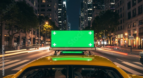 Yellow Taxi with Green Screen Advertisement at Night in a City