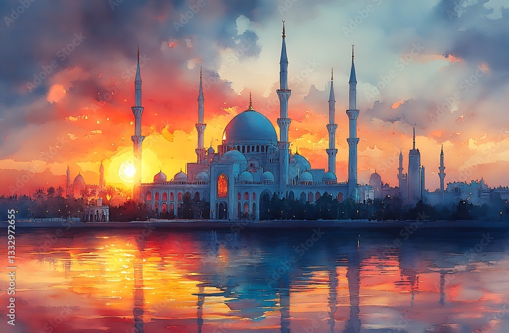 Obraz premium Majestic Mosque with Minarets at Sunset, Reflecting in Calm Waters Below