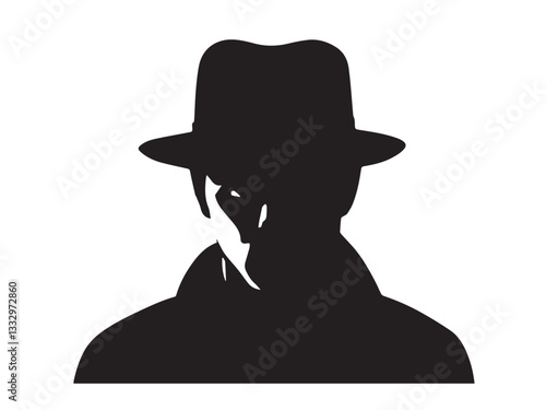 Detective silhouette. Old fashioned detective in hat on white background. Vector style silhouette.