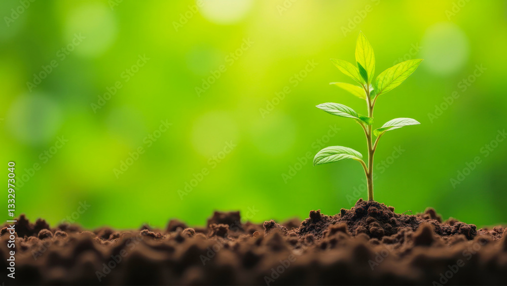 Growing green plant emerging from rich soil in natural light Growing green plant emerging from rich soil in natural light