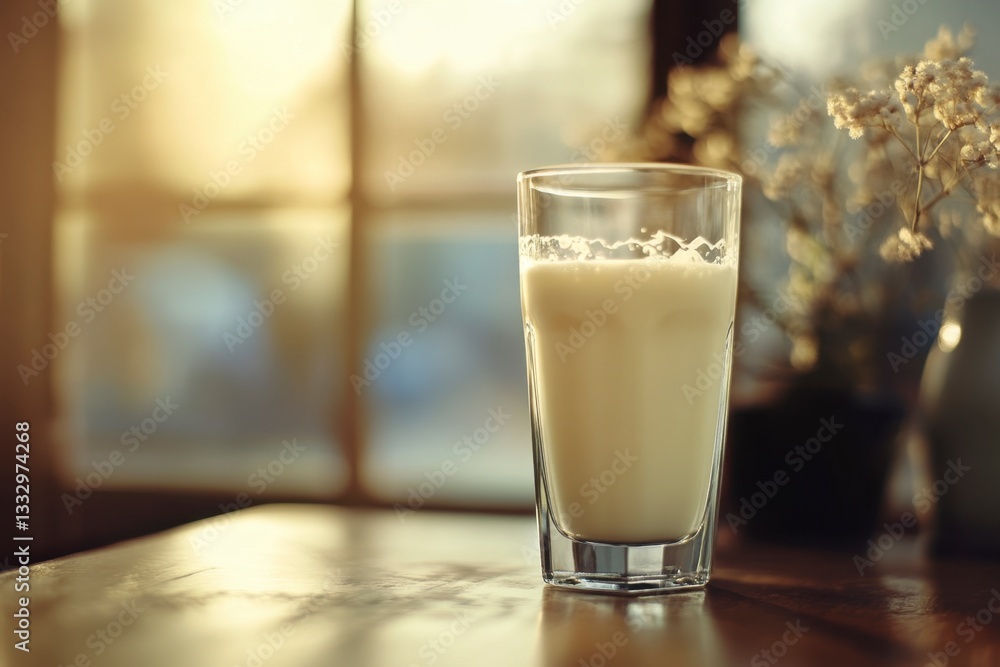 Glass of Fresh Milk on Wood Table in Morning Light by Window Glass of Fresh Milk on Wood Table in Morning Light by Window