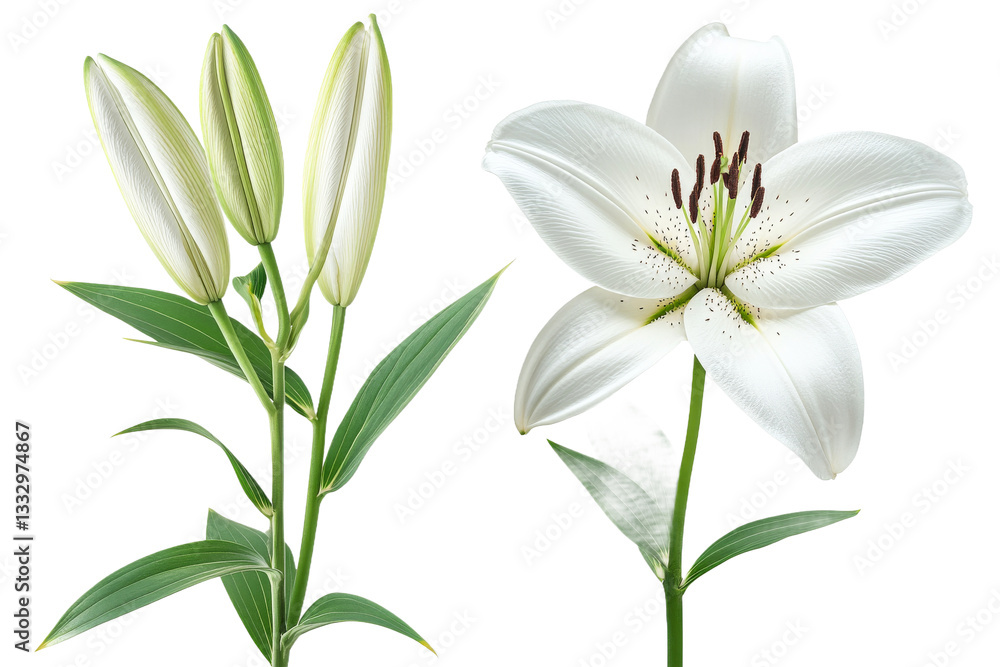 Fototapeta premium White lily flower and bud, floral nature, elegant, cut out transparent