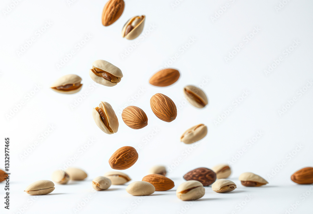 Fresh raw cracked pistachios, almonds, and hazelnuts are captured mid-air, creating a dynamic and appealing display of nuts. Fresh raw cracked pistachios, almonds, and hazelnuts are captured mid-air, creating a dynamic and appealing display of nuts.