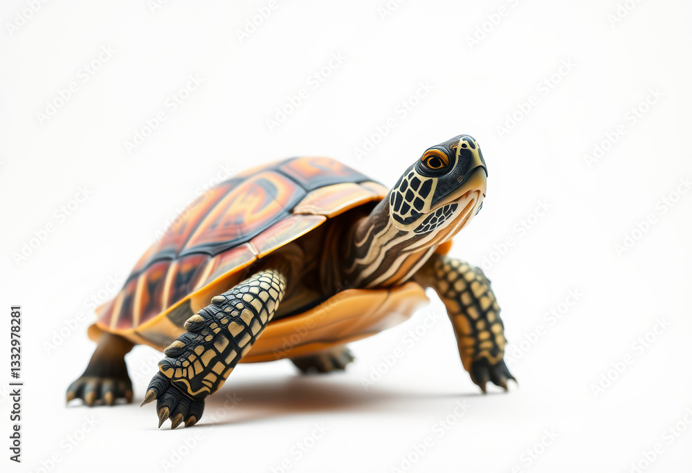 Obraz premium Large turtle stands prominently against a white backdrop, showcasing intricate shell designs and vibrant colors in detail.