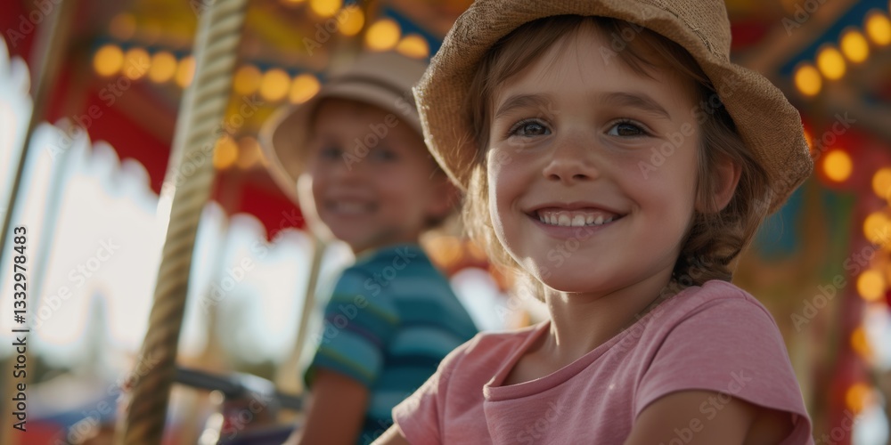 Joyful children enjoy a carousel ride, capturing the innocence and happiness of childhood, illustrating the essence of fun, laughter, and the wonder of amusement parks. Joyful children enjoy a carousel ride, capturing the innocence and happiness of childhood, illustrating the essence of fun, laughter, and the wonder of amusement parks.