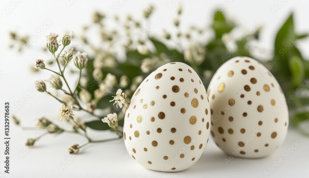Fototapeta premium In a polished arrangement, decorative eggs are surrounded by fine dried flowers