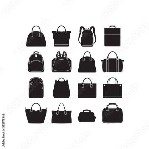 Stylish Bag SET  Silhouettes for Design Inspiration.A collection of various bag silhouettes in a clean, modern design.