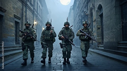 Four heavily armed soldiers patrolling a city street at night under a full moon