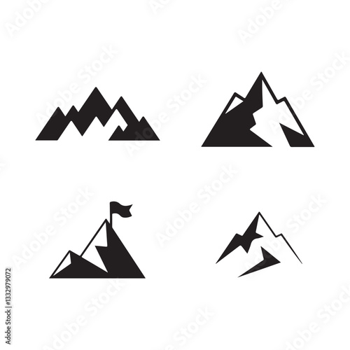 mountain icons set.Simple Mountain Icons Set for Various Uses.This set of four black and white mountain icons features various styles, including a basic mountain range, a stylized peak, a mountain wit