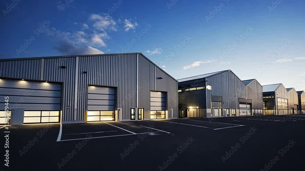 Row of modern industrial warehouses under a blue sky Row of modern industrial warehouses under a blue sky