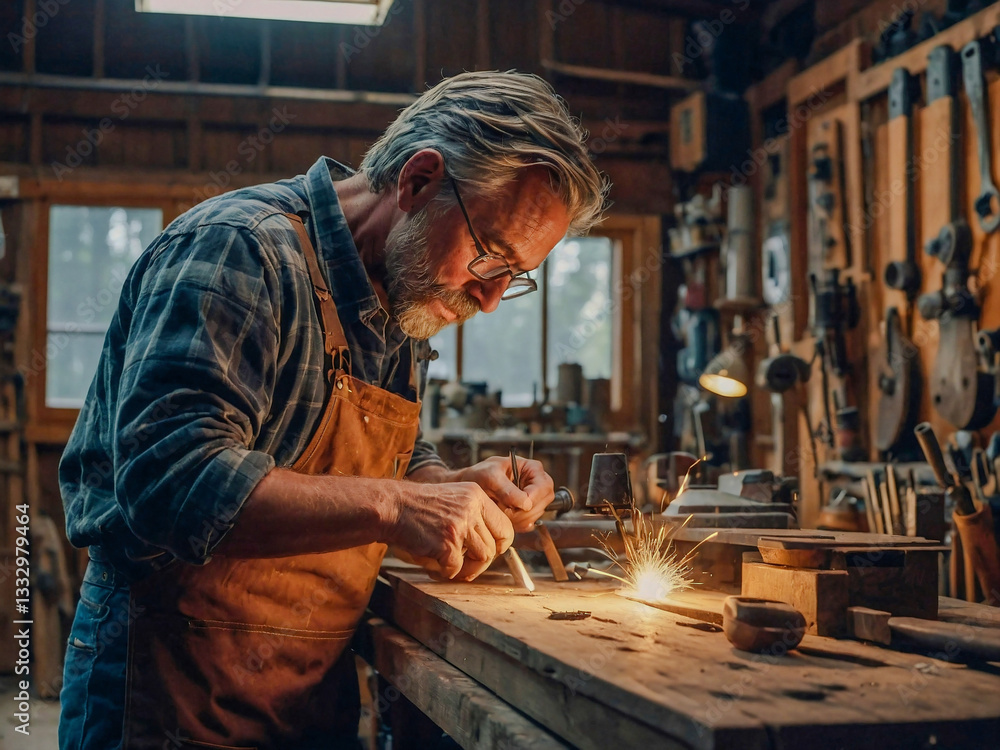 Craftsman Working Creatively in a Cozy Workshop Craftsman Working Creatively in a Cozy Workshop