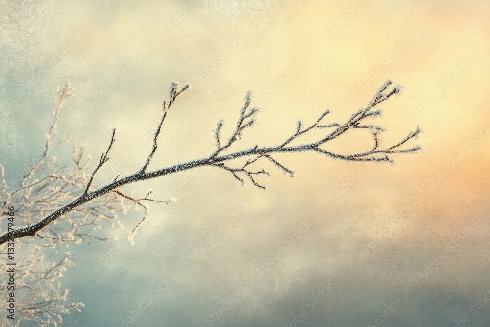 Frost-covered branches reach towards a soft, pastel winter sky, a serene winter scene. Frost-covered branches reach towards a soft, pastel winter sky, a serene winter scene.