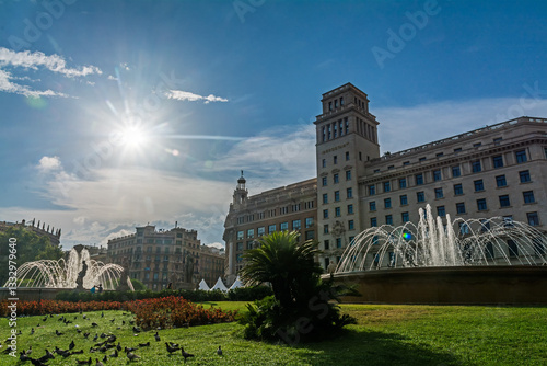 fountains and architecture at Plaça de Catalunya, Barcelona, Spain