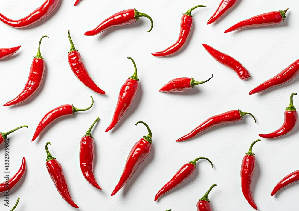 Red chili peppers arranged in a pattern on a white background Red chili peppers arranged in a pattern on a white background