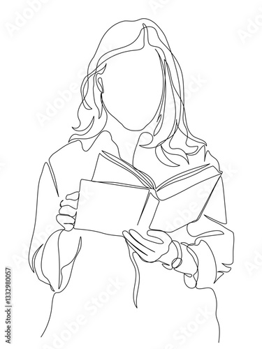 Woman reading book. Cropped. Front view. Continuous line drawing. Black and white vector illustration in line art style.