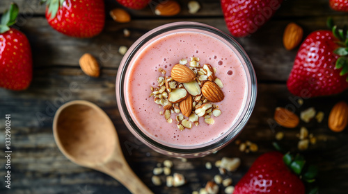 Wallpaper Mural Strawberry smoothie with almonds and granola on rustic wooden table Torontodigital.ca
