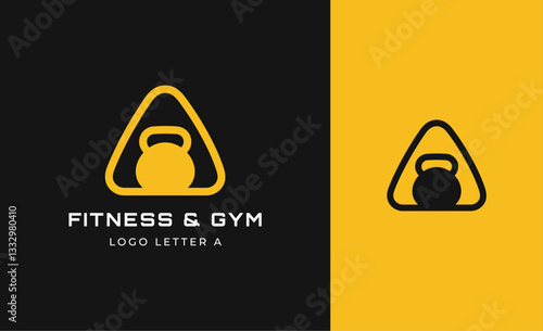 Logo Fitness letter A with Gym equipment concept. Dumbble, bumble, kettlebell concept. Fitness, health, body builder logo design template.