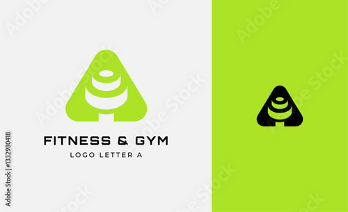 Logo Fitness letter A with Gym equipment concept. Dumbble, bumble, kettlebell concept. Fitness, health, body builder logo design template.