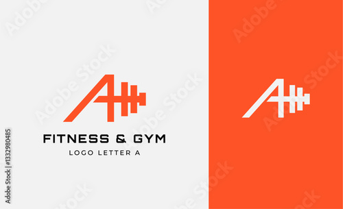Logo Fitness letter A with Gym equipment concept. Dumbble, bumble, kettlebell concept. Fitness, health, body builder logo design template.