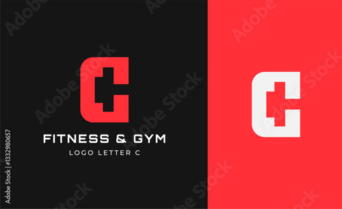 Logo Fitness letter C with Gym equipment concept. Dumbble, bumble, kettlebell concept. Fitness, health, body builder logo design template.