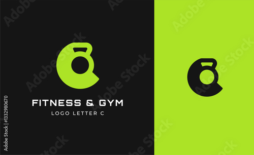 Logo Fitness letter C with Gym equipment concept. Dumbble, bumble, kettlebell concept. Fitness, health, body builder logo design template.