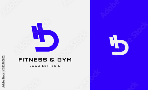 Logo Fitness letter D with Gym equipment concept. Dumbble, bumble, kettlebell concept. Fitness, health, body builder logo design template.