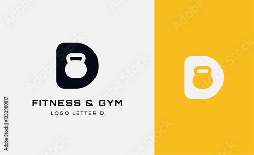 Logo Fitness letter D with Gym equipment concept. Dumbble, bumble, kettlebell concept. Fitness, health, body builder logo design template.